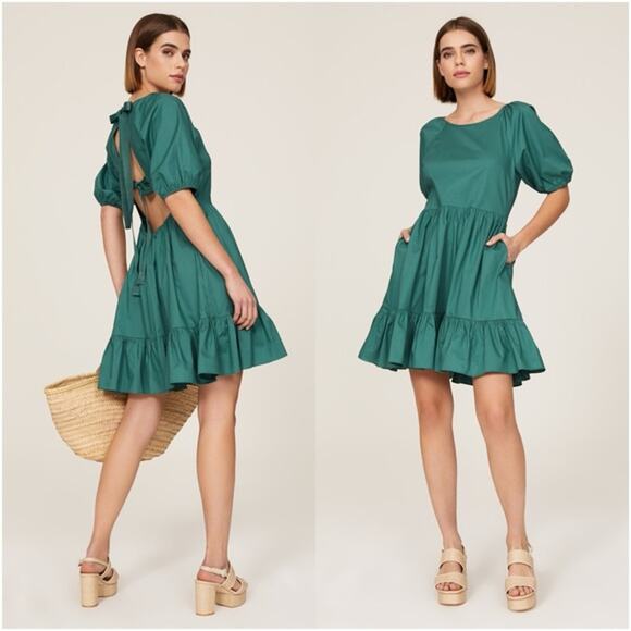 Peter Som Mini Dress Green Tiered Ruffle Hem Short Puff Sleeve Back Tie Sz 2 - Picture 1 of 9